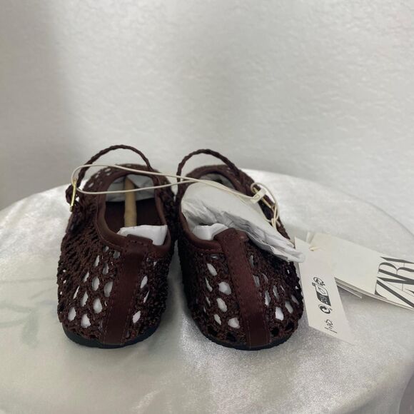 Zara Boho Preppy Brown Openwork Crochet Ballet Flats NWT Size US 1 / EU 32 - Picture 3 of 6